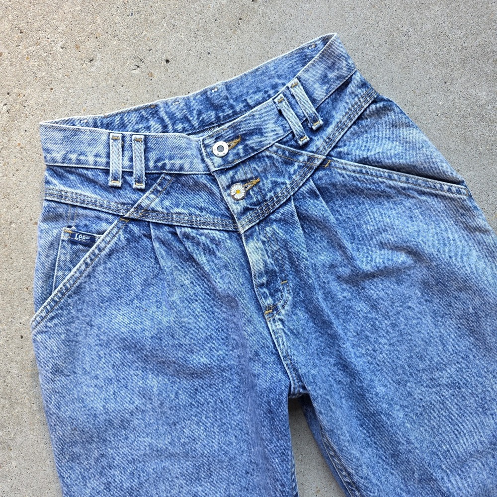 VTG 80s Lee Acid Wash Jeans SZ 8 SHORT Pleated Double Button Bareback USA MADE